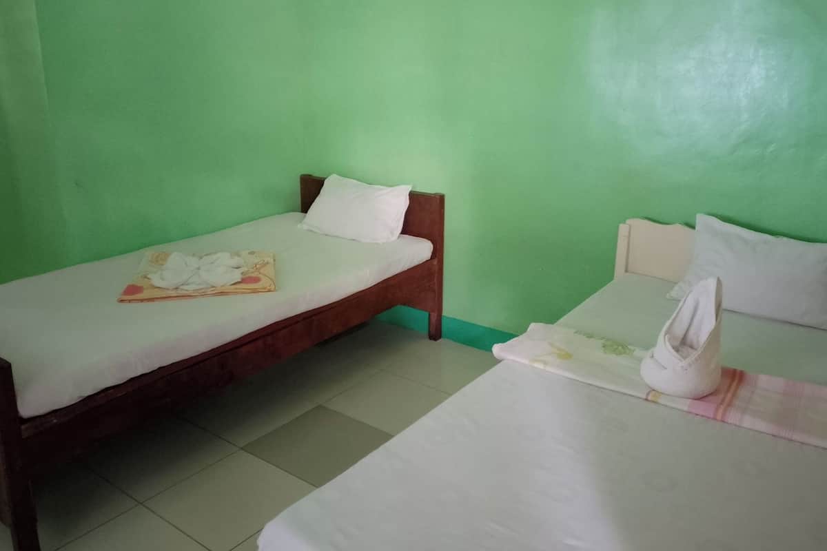 Une petite chambre avec un lit simple, des murs verts, un cadre de lit en bois et un matelas blanc.