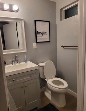 Shower, towels, soap, shampoo