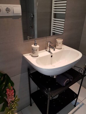 Shower, hair dryer, towels