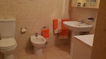 Bidet, towels, toilet paper