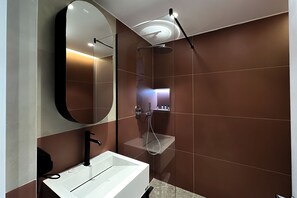 Shower, rainfall showerhead, hair dryer, slippers