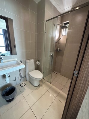 Enjoy a refreshing shower in the sleek bathroom with a glass-enclosed shower, toilet, and sink.