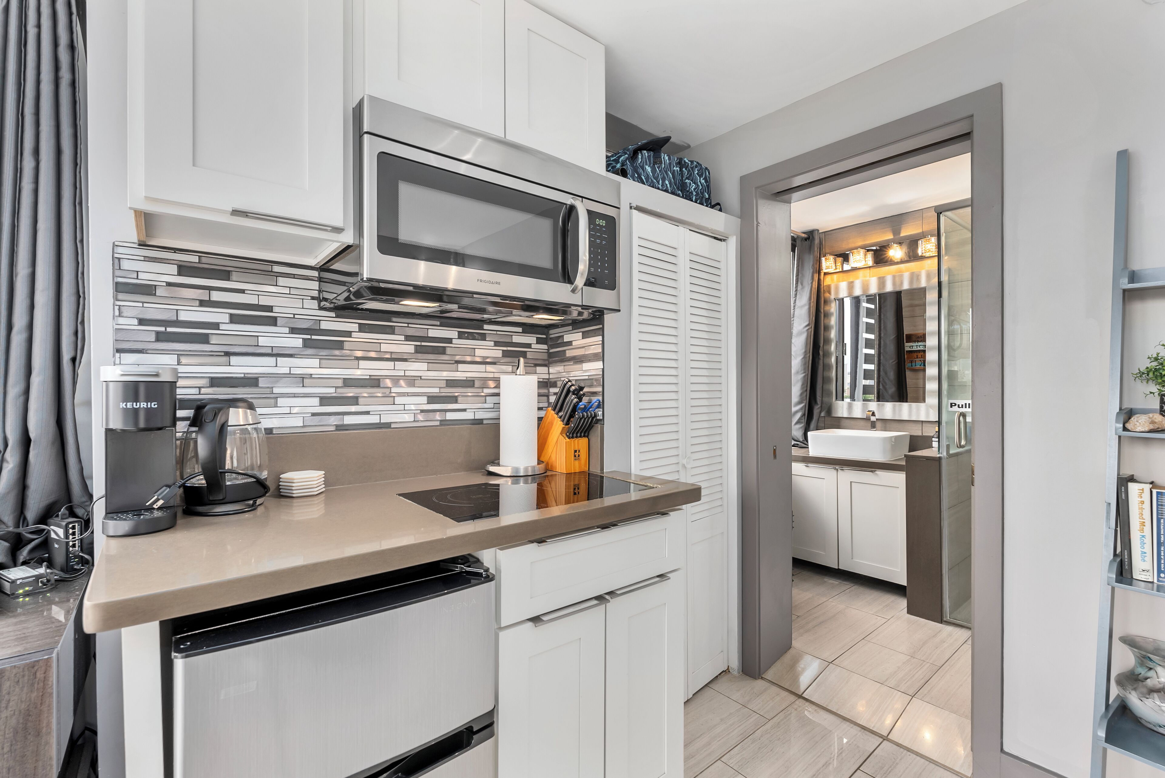 Fridge, microwave, coffee/tea maker, electric kettle