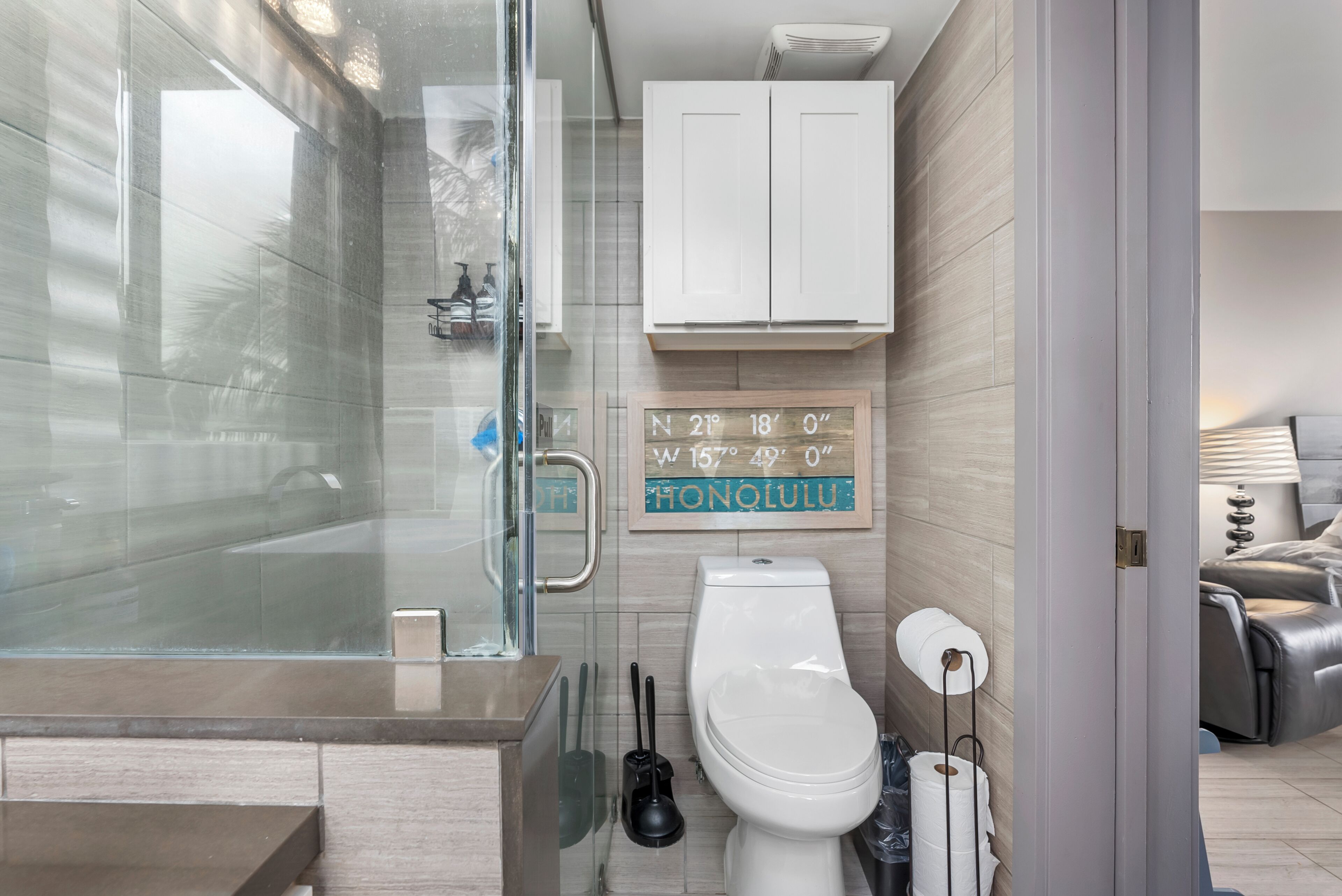 Hair dryer, towels, soap, shampoo