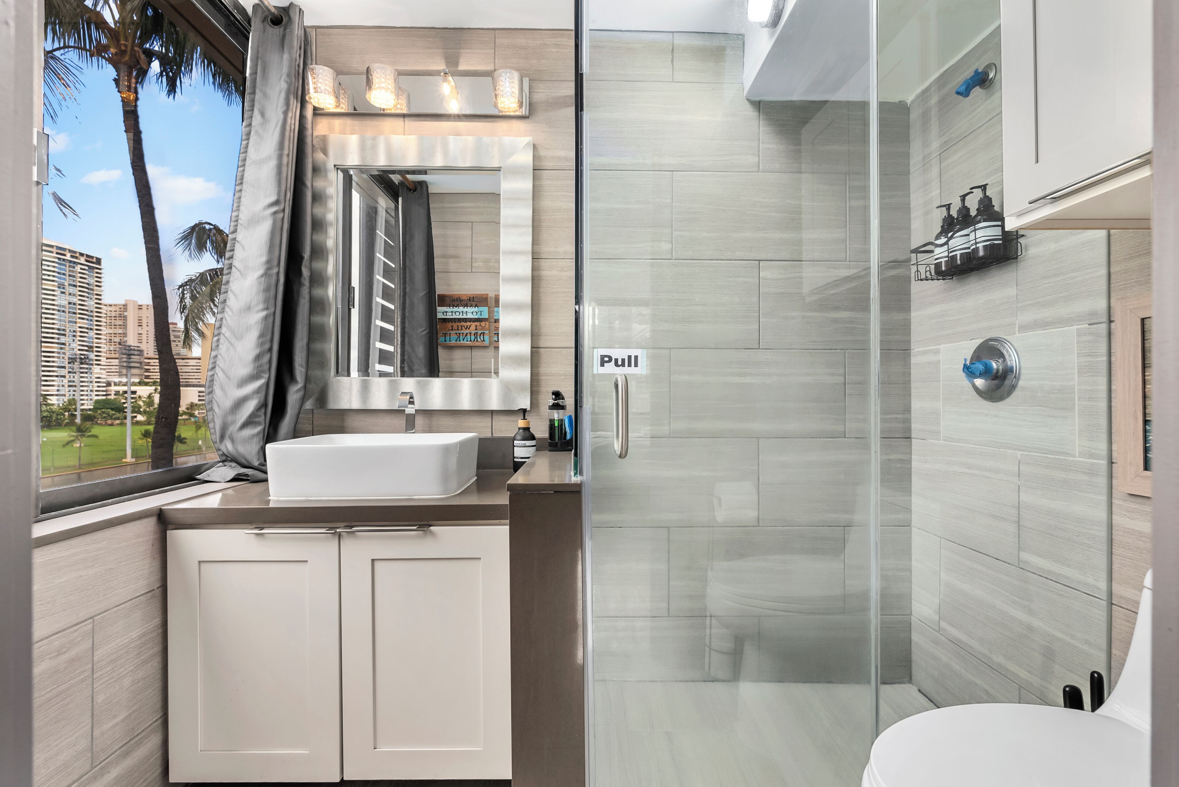 Hair dryer, towels, soap, shampoo