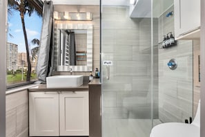 Hair dryer, towels, soap, shampoo