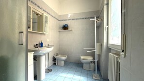 A compact bathroom with a sink, bidet, toilet, and shower. - Kennedy 2 (Albenga)