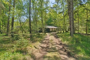 Une cabane au milieu d’une forêt, accessible par un sentier de terre.