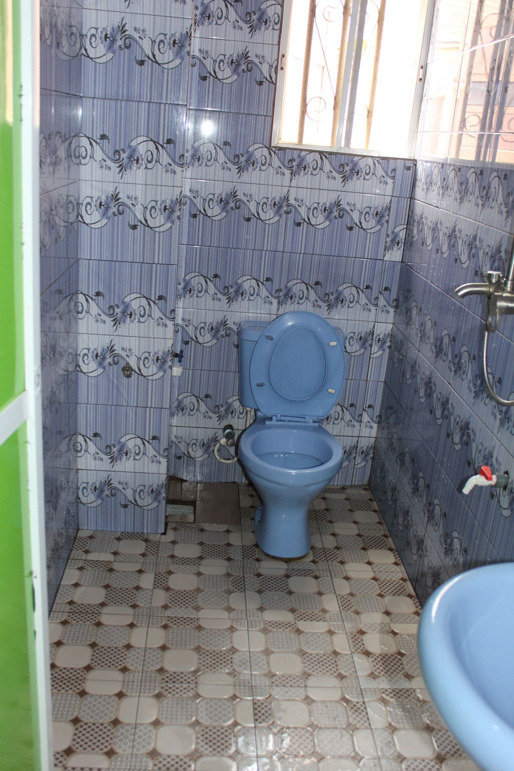A bathroom with patterned tiles, a blue toilet, and a sink.