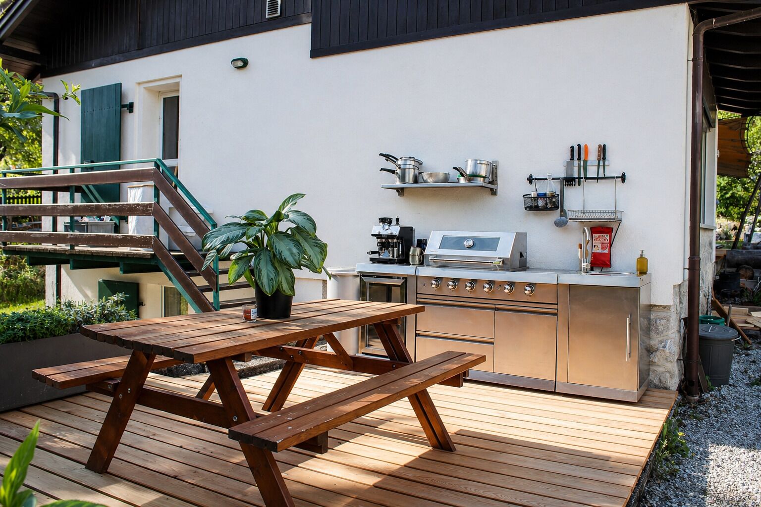 An outdoor kitchen with a grill, a sink, and a potted plant.