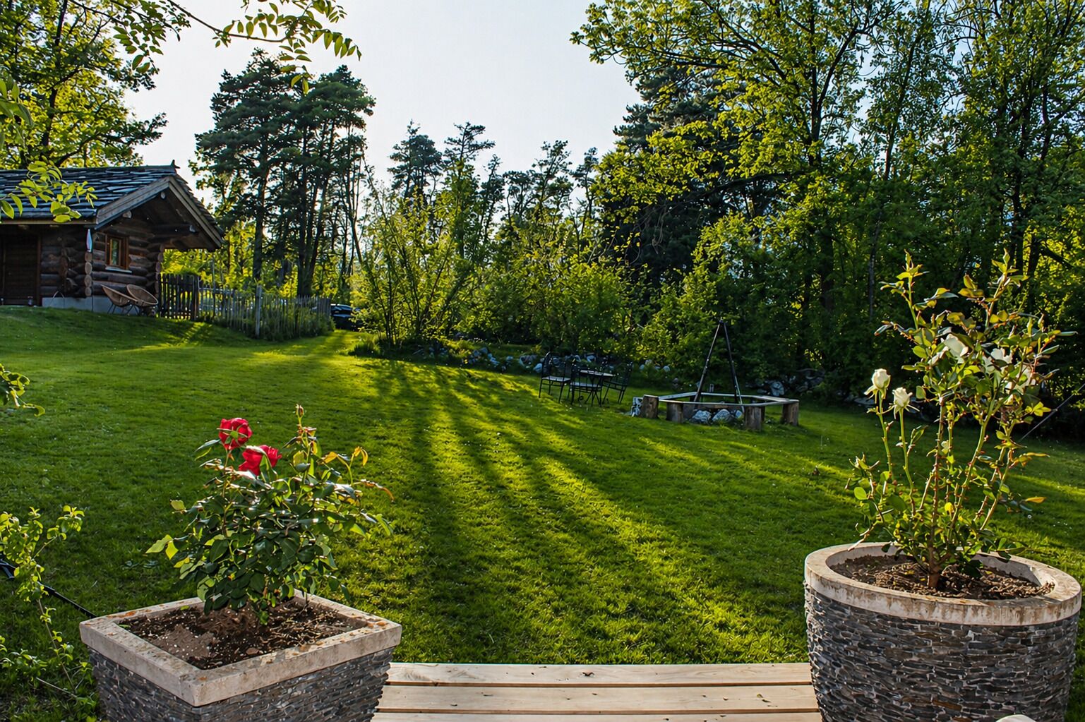 A well-maintained lawn with a wooden deck, a rustic cabin, and a variety of trees and shrubs.