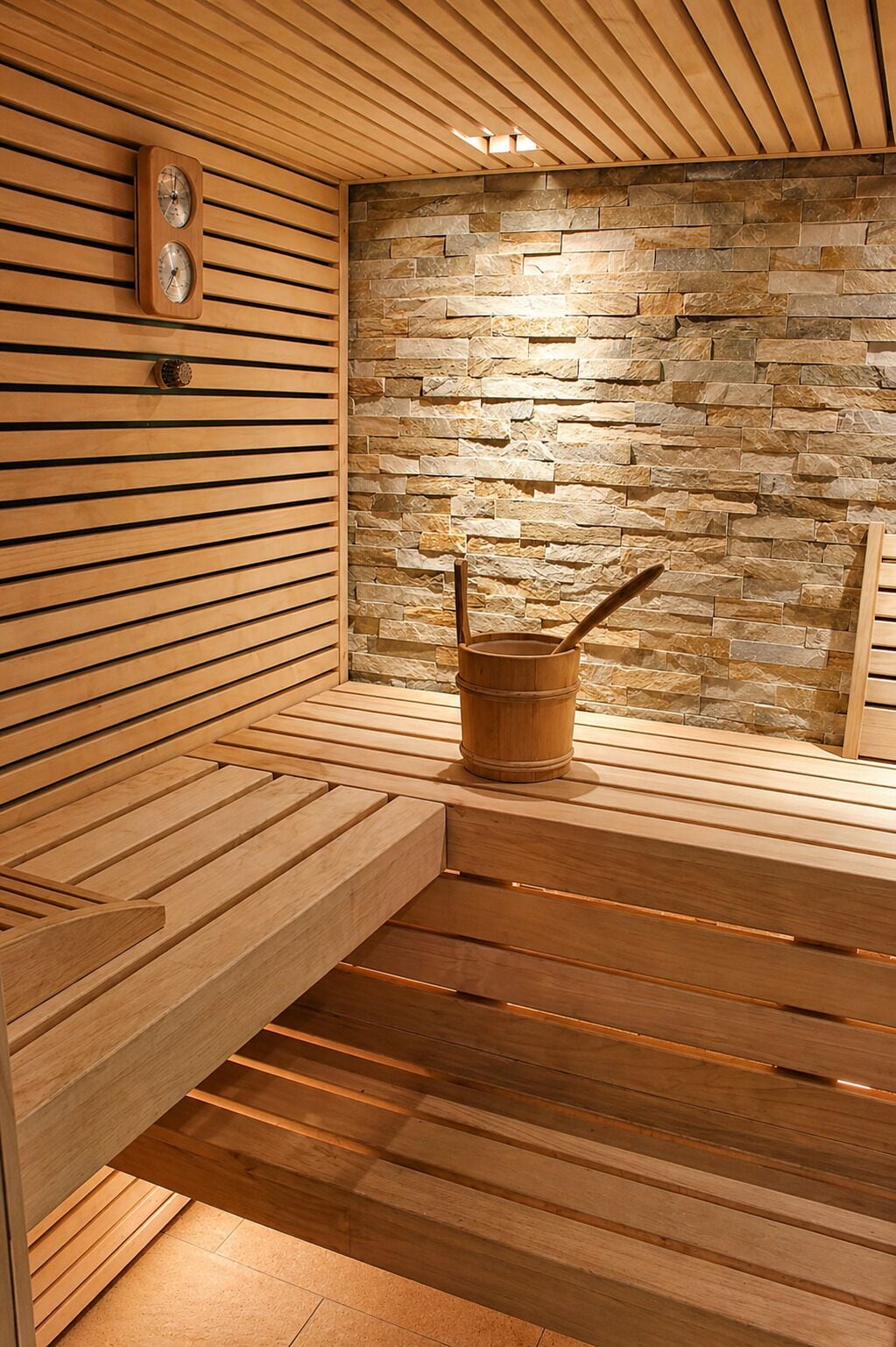 A sauna with wooden benches and a stone wall.