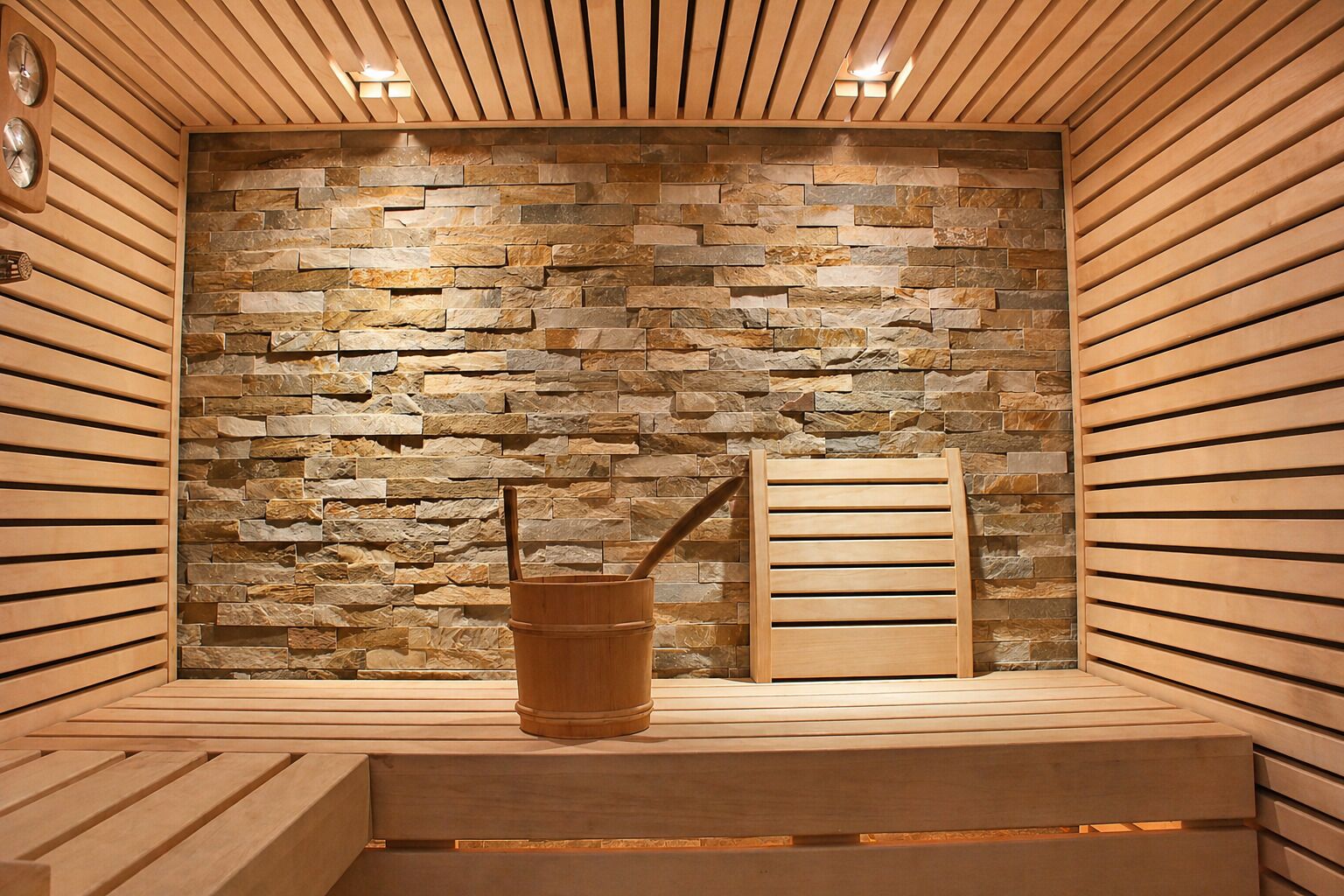 Un sauna avec un mur en pierres, des bancs en bois et un seau en bois accompagné d’une louche.