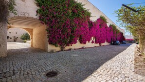 Une rue pavée, avec un bâtiment recouvert d’une profusion de fleurs roses éclatantes, un arc et un ciel d’un bleu limpide.