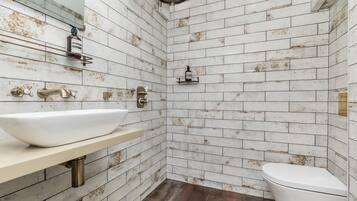 Hair dryer, towels, soap, toilet paper