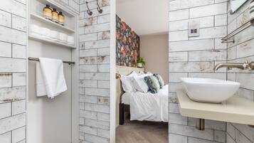 Hair dryer, towels, soap, toilet paper