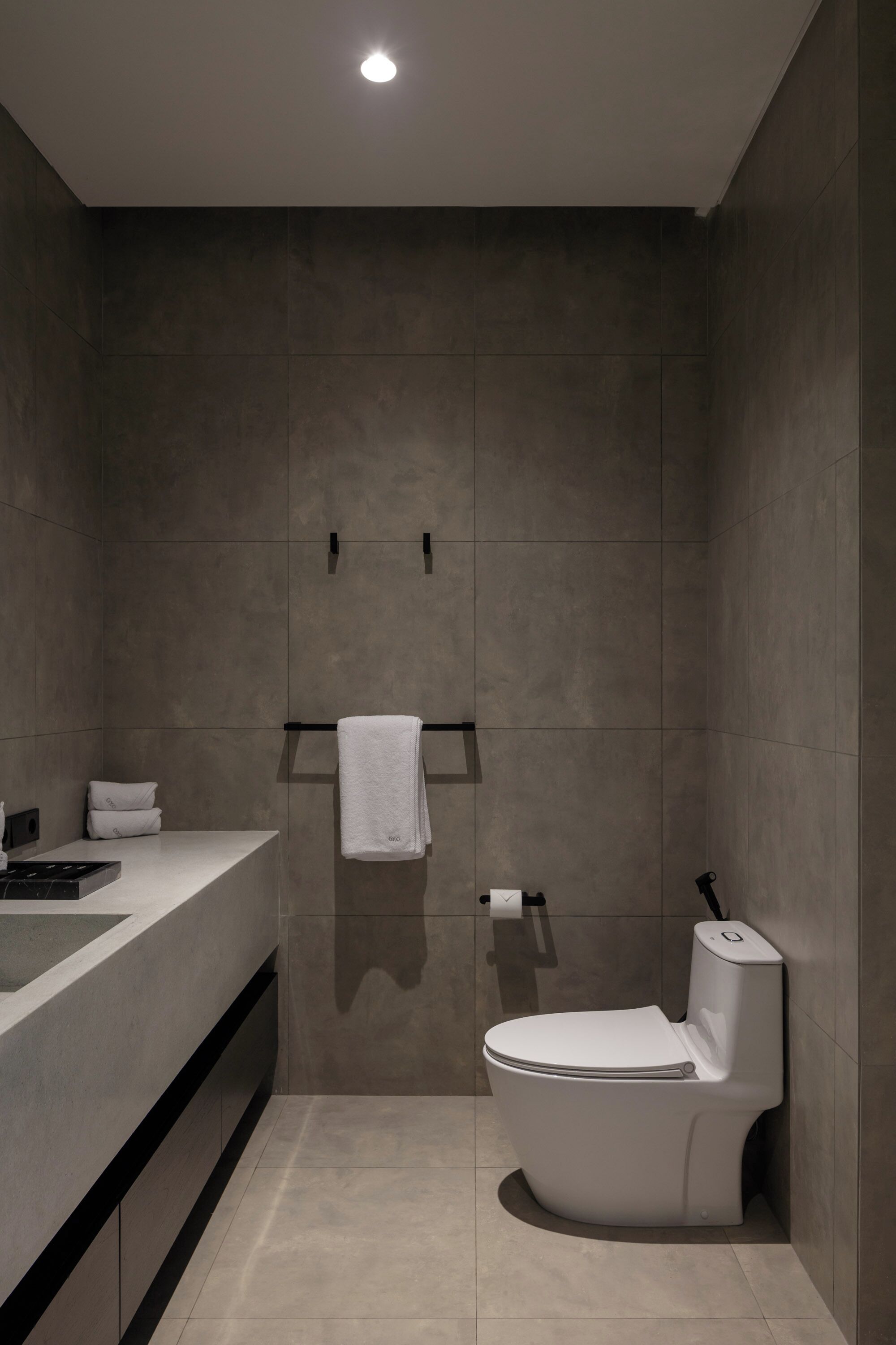 A modern bathroom with a large mirror, a white toilet, and a towel rack.