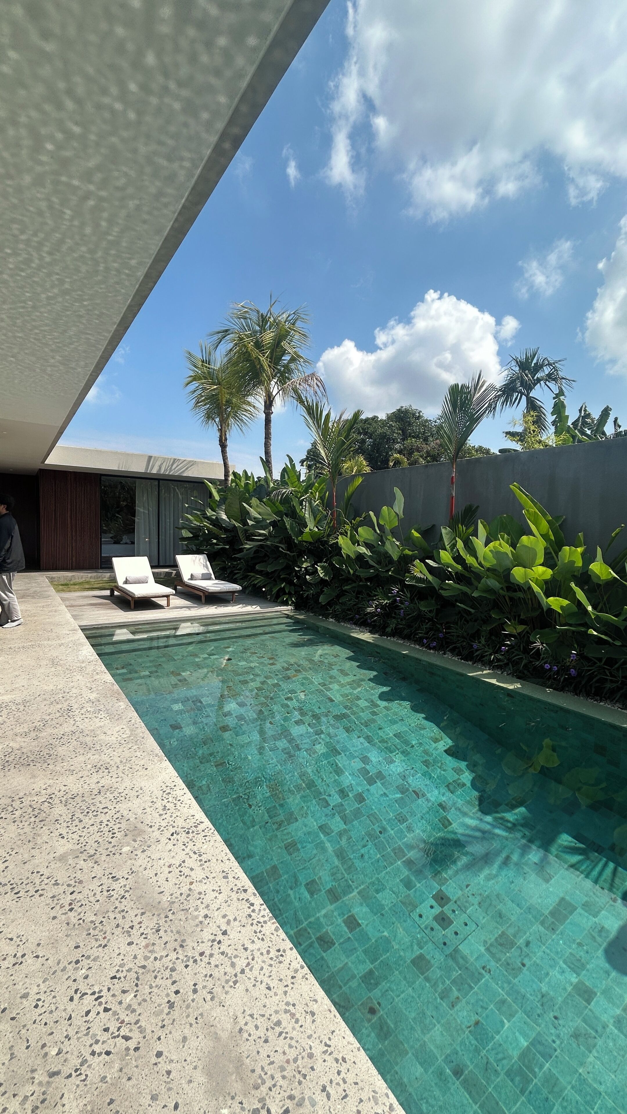 Una piscina con agua cristalina, rodeada de sillones de descanso y plantas tropicales.