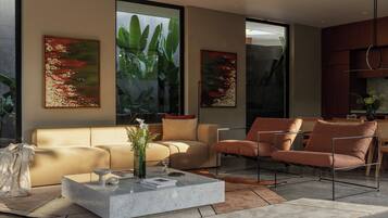 Villa, 2 chambres, piscine privée, vue jardin | Coin séjour