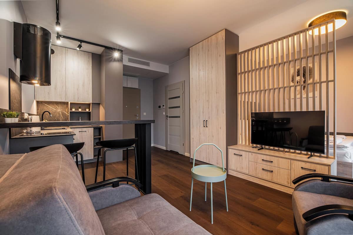 A modern living room with a sofa, a dining area with a table and chairs, a TV, and a wooden partition with a decorative item.