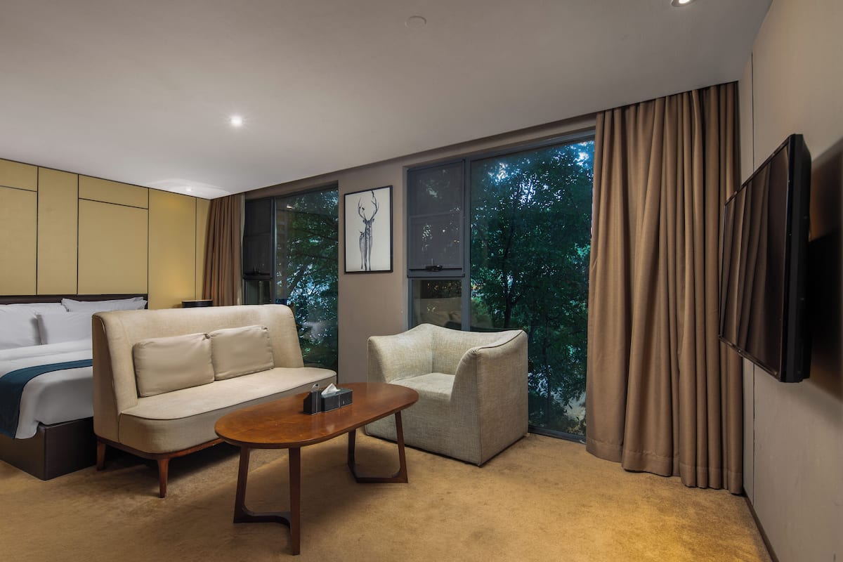 A modern hotel room with a bed, a sofa, a chair, a small table, a TV, and large windows with curtains.