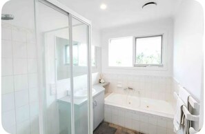 Hair dryer, towels, soap, toilet paper