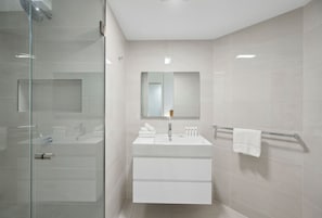 Shower, hair dryer, towels, soap