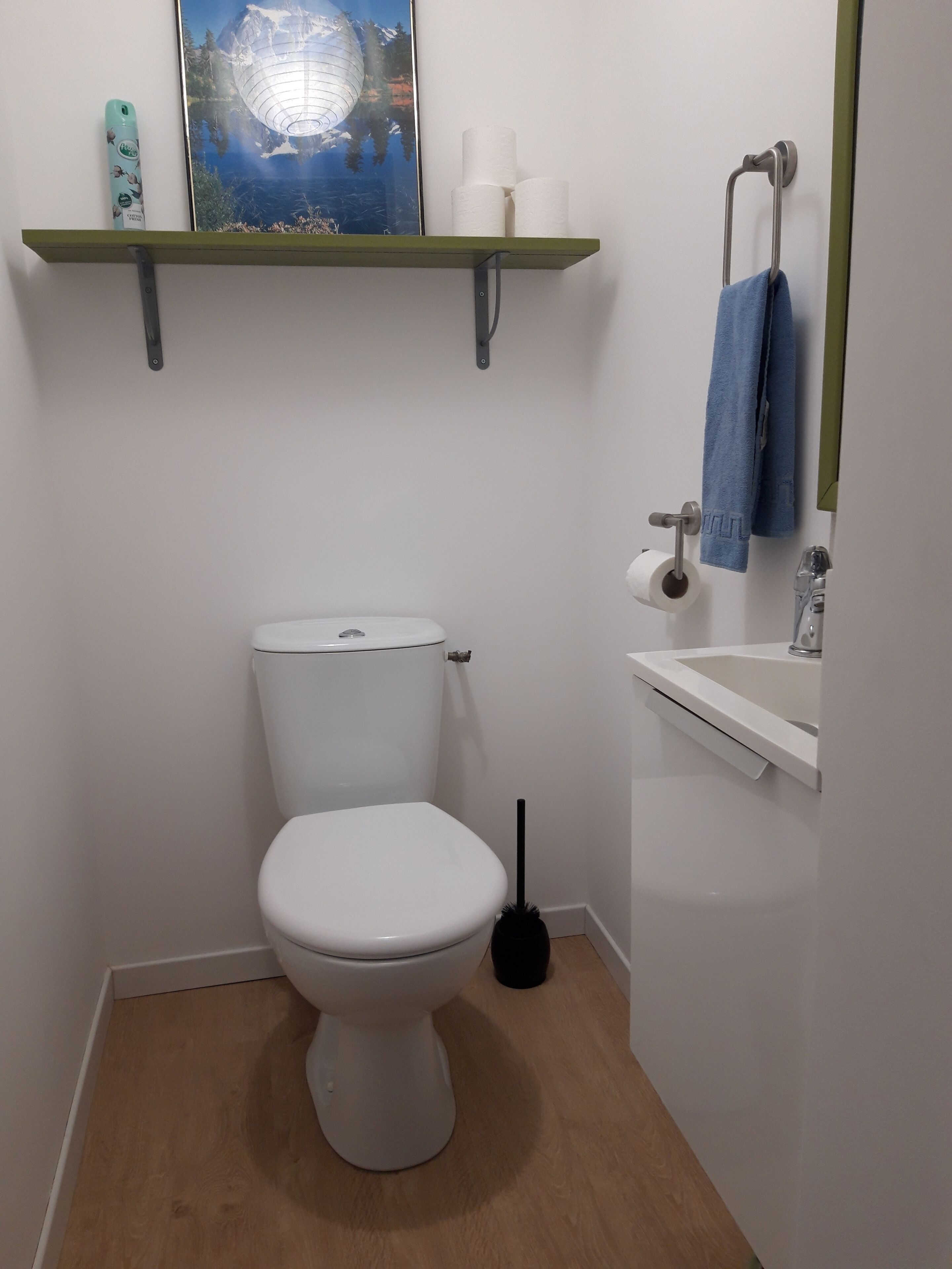 Un baño pequeño y limpio con inodoro, lavamanos y espejo. Hay un estante sobre el inodoro con papel higiénico y un cepillo de limpieza.