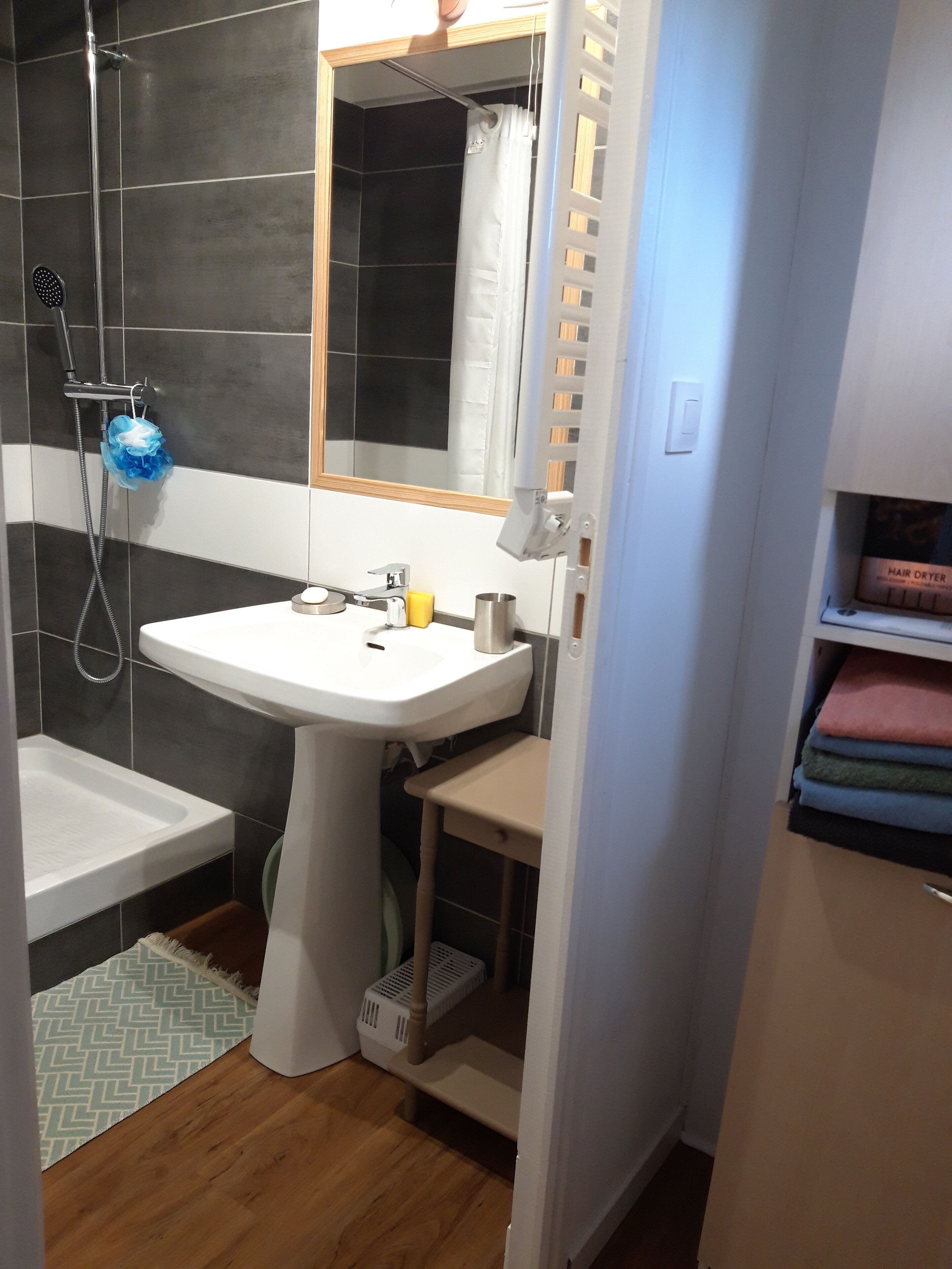 Shower, hair dryer, towels, soap