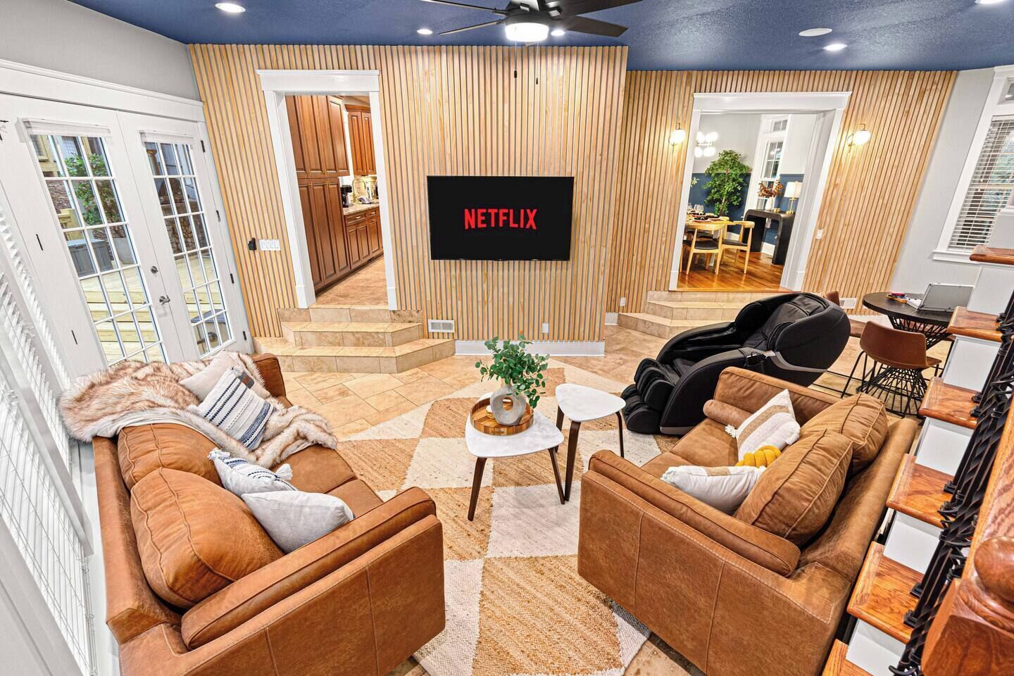 Smart TV, fireplace, foosball, offices