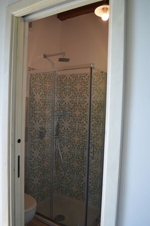 Een douche, een haardroger, handdoeken, zeep