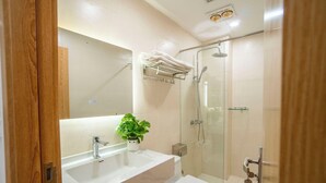 Un baño moderno con un lavamanos blanco, un espejo, una planta en maceta, una ducha con paredes de vidrio y un inodoro.