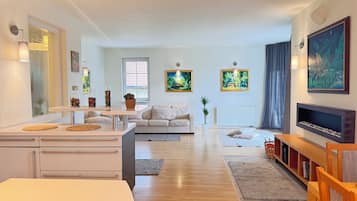 Smart TV, fireplace, table tennis, books
