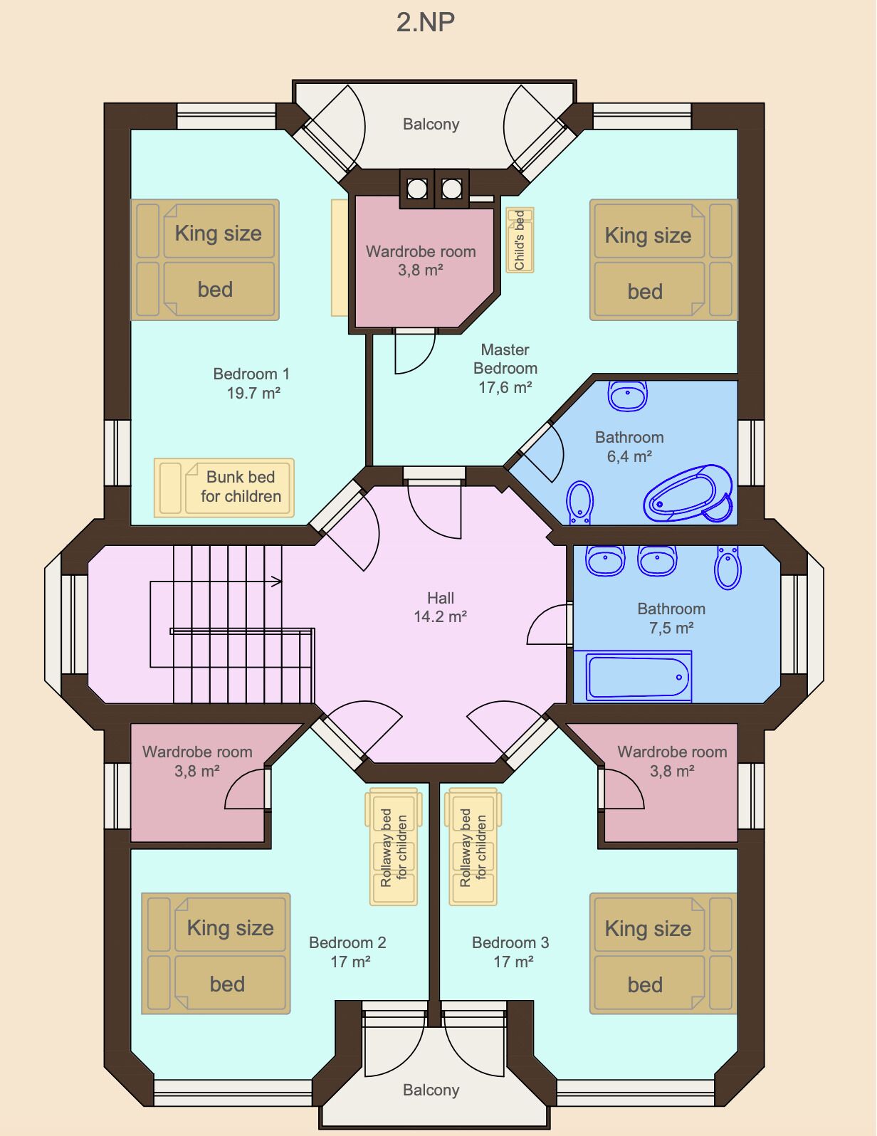 Plano de planta de un apartamento de 2 habitaciones con balcón, que incluye un dormitorio principal, dos camas tamaño king, un vestidor, un pasillo y dos baños.