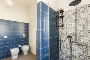 Shower, hair dryer, bidet, towels