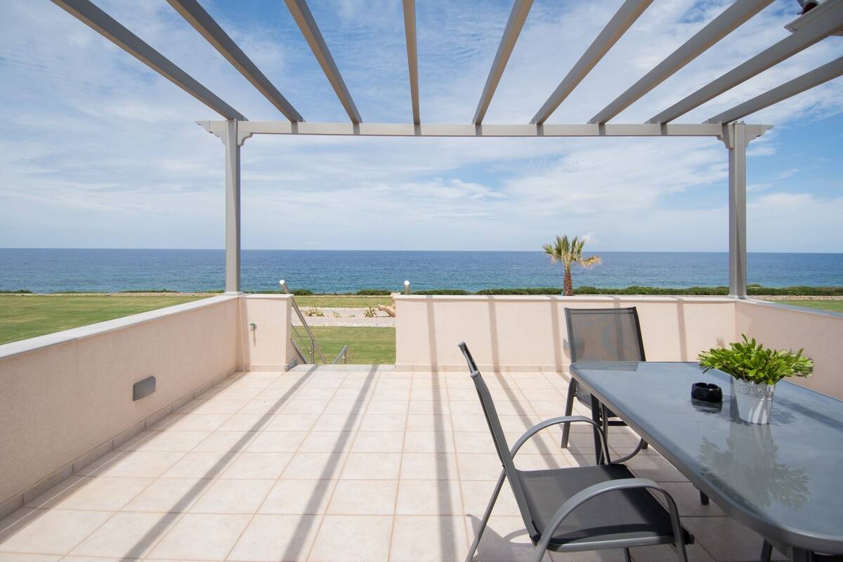 A covered outdoor area with a view of the sea, a table with chairs, and a potted plant.