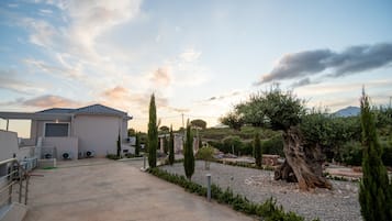 Una casa moderna con un porche cubierto, camino de entrada de grava y varios árboles y arbustos.