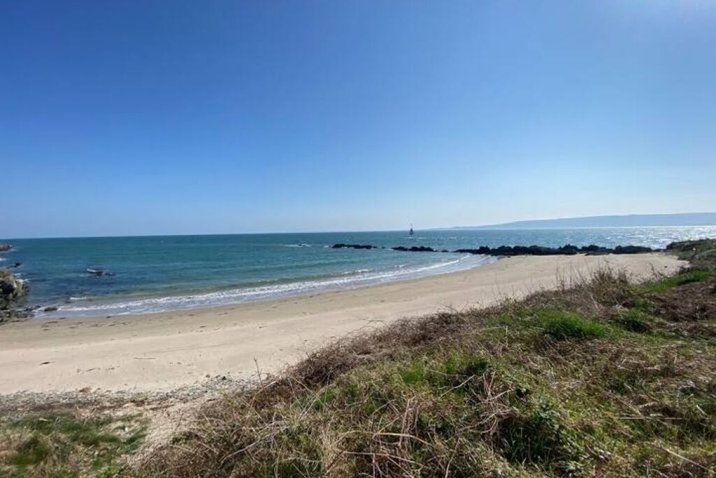 En strand med klare himmel og rolige vand.