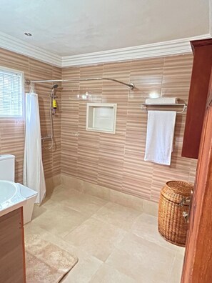 Chuveiro, secador de cabelo, toalhas de banho, papel higiênico