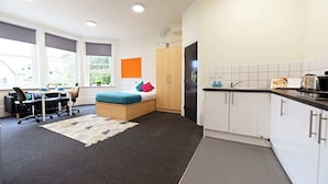 A modern room with a bed, desk, and kitchenette. - Raymont Hall (London)