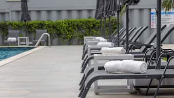 Outdoor pool, pool umbrellas, pool loungers