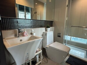 Hårtork, handdukar, tvål och toalettpapper