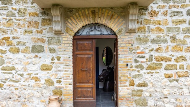 Un edificio de piedra con una puerta de madera, una pequeña planta en maceta y una estatua de caballo.