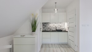 A modern kitchen with white cabinetry, a black countertop, and a backsplash with a striped pattern. There is a potted plant on the counter and a hanging light fixture above. - Apartamenty Sun & Snow Zasypane Mazury (gmina Malkinia Gorna)