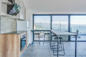 501 (B) - Mountain view 2 Bedroom & Balcony | Private kitchen | Stovetop, electric kettle, cookware/dishes/utensils, freezer - Brummana Heights Apartments (Broumana)