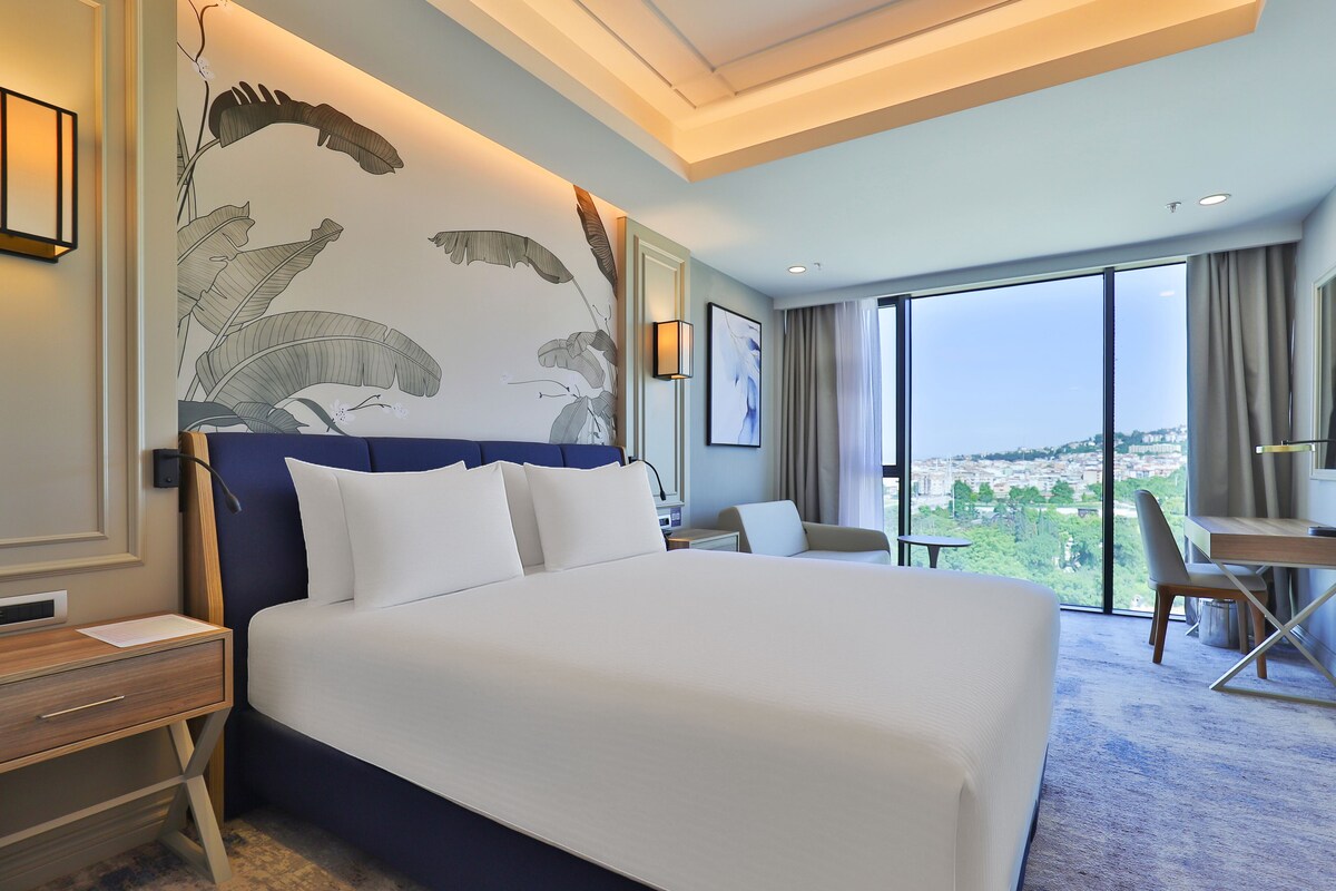 Een hotelkamer met een groot bed, een bureau, een stoel en uitzicht op de stad.