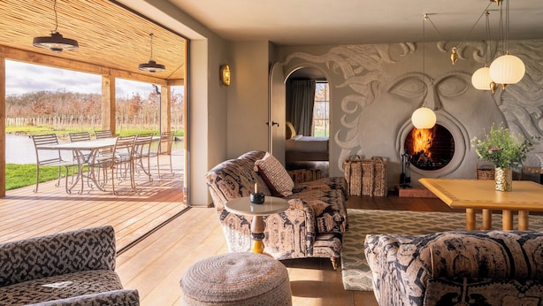 A modern living room with a fireplace, patterned furniture, and a view of the outdoors. - Wilderness Reserve - Newt Cottage (Halesworth)