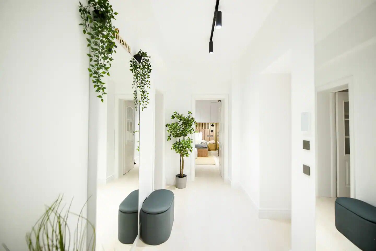 Ein moderner, minimalistischer Flur mit weißen Wänden, einem Blumentopf und einer Bank.