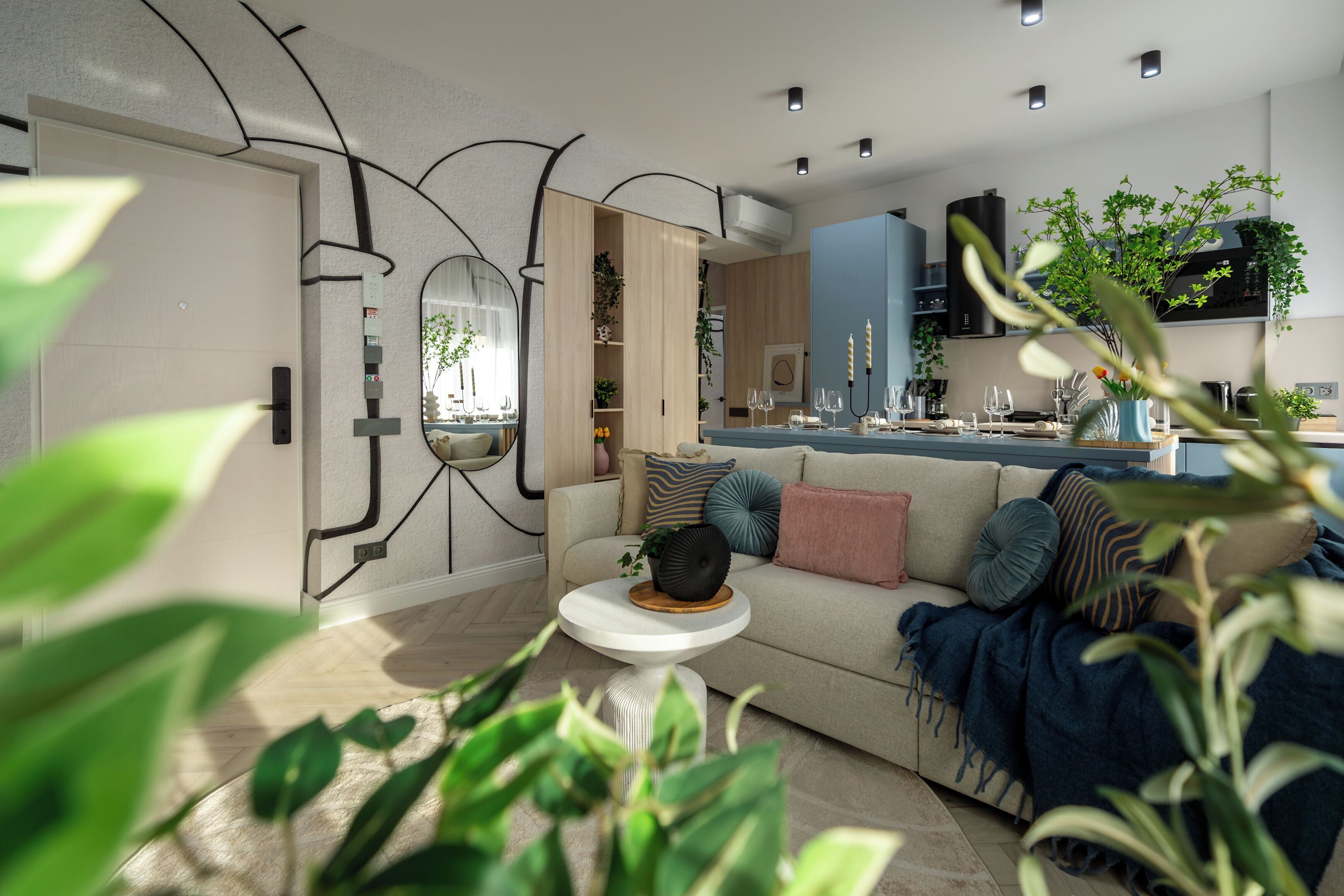 A modern living room with a sofa, coffee table, and a view into the kitchen.