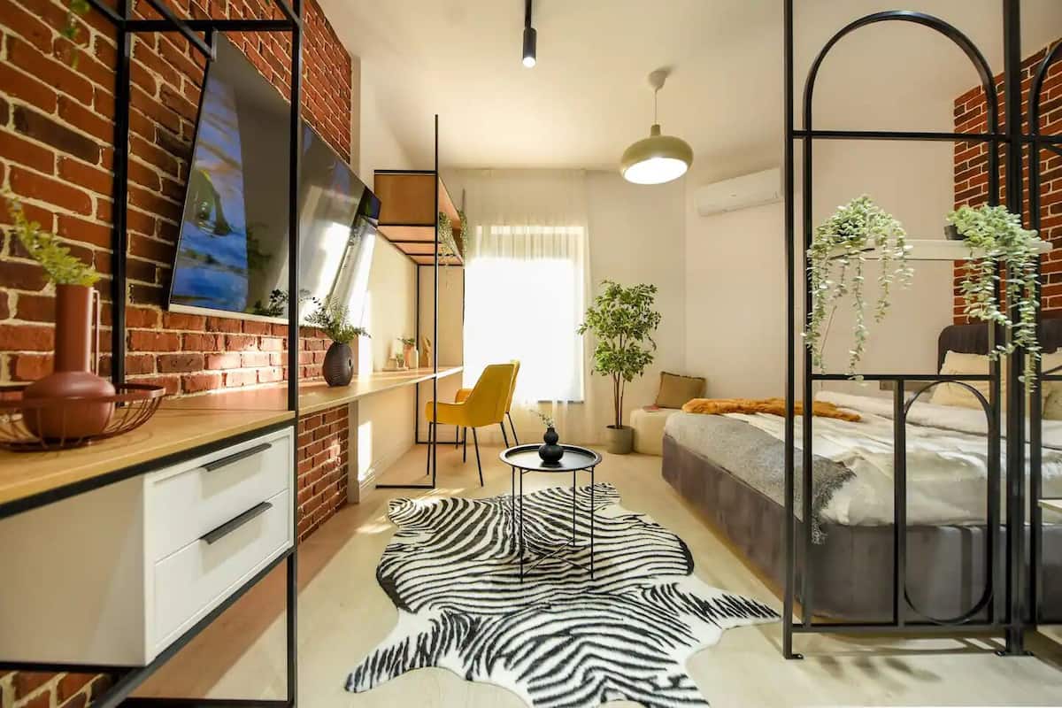 Une chambre moderne avec un mur en briques, un téléviseur à écran plat, un tapis à motifs zébrés, un lit et une petite table ronde agrémentée d’une plante.